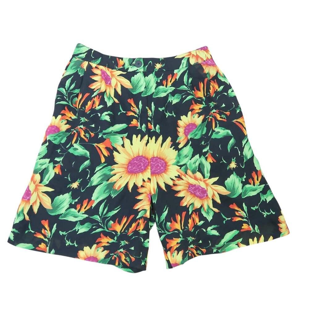 Vintage 90s Black and Yellow Sunflower Floral High Rise Trouser Shorts S